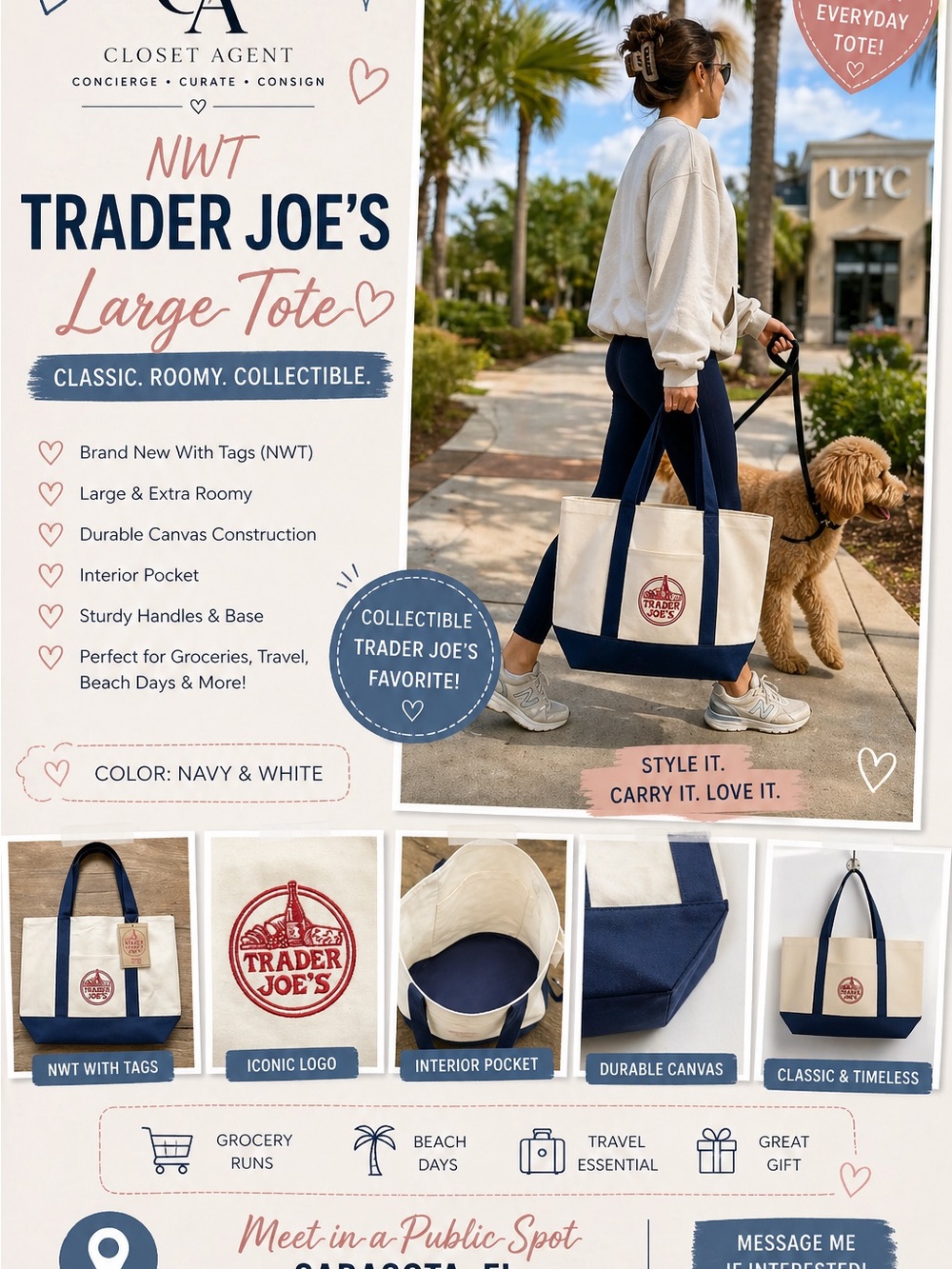 Trader Joe's Navy & White Large Canvas Tote - Classic Everyday Carry